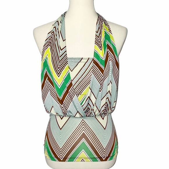 S Rave LVLx Draped Plunge Neck Zig Zag Chevron Print Halter Tube Club Top - Picture 1 of 6